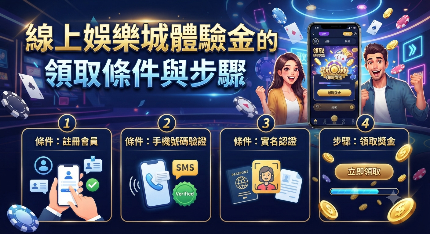這張圖片展示了線上娛樂城體驗金的領取條件與步驟。 畫面中包含註冊會員、手機號碼驗證、實名認證及領取獎金的四個圖解區塊。