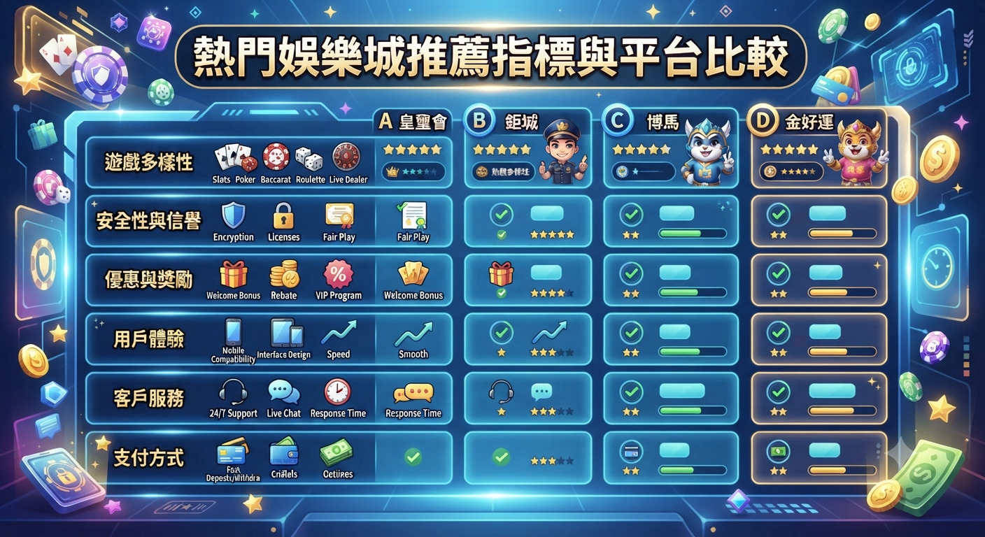 這是一張以「熱門娛樂城推薦指標與平台比較」為標題的比較圖表。 畫面採用科技感藍色調,並以圖表形式詳細評比多個平台的各項指標與遊戲多元性。