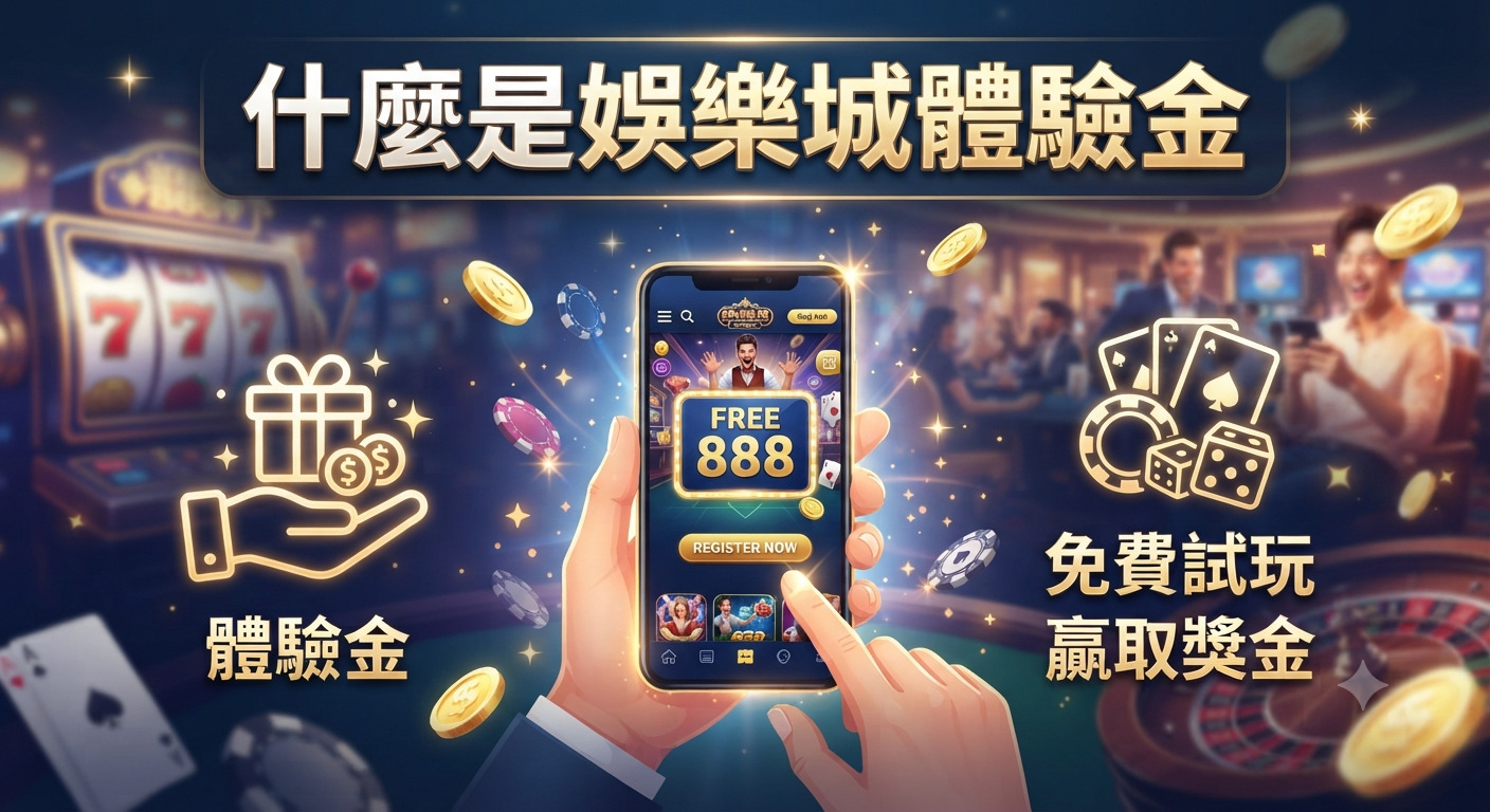 這是一張以「什麼是娛樂城體驗金」為主題的宣傳圖片,畫面中央顯示著手機上的免費試玩介面與金幣特效。 整體設計圍繞著線上娛樂城的免費註冊獎勵與體驗活動,呈現出豐富的遊戲元素與科技感。