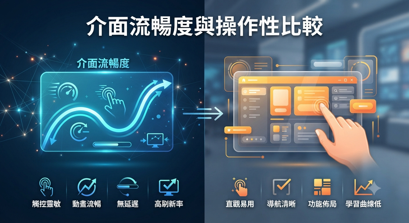 這是一張關於「介面流暢度與操作性比較」的主題圖片，透過左右雙欄對比與圖示，分別展現系統速度流暢感與使用者操作介面的便利性。